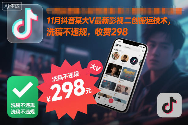 11月抖音某大V最新影视二创搬运技术，洗稿不违规，收费298-千城资源网