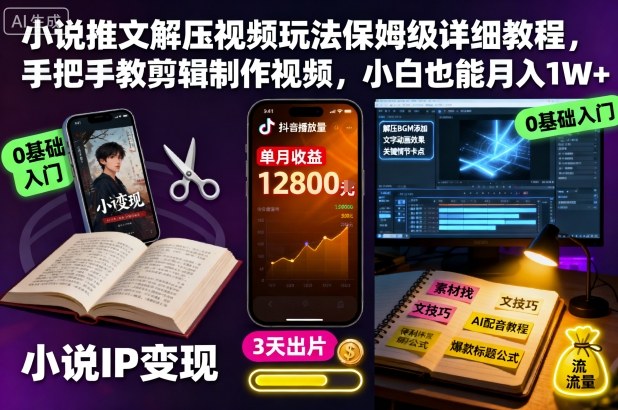 小说推文解压视频玩法保姆级详细教程，手把手教剪辑制作视频，小白也能月入1W+-千城资源网