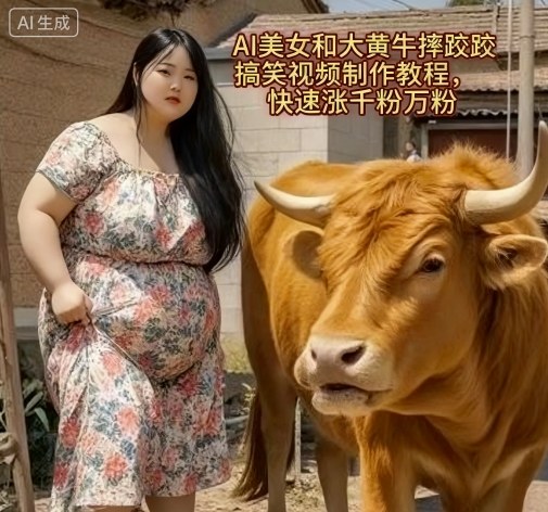 AI美女和大黄牛摔跤搞笑荒诞视频制作教程，快速涨千粉万粉-千城资源网