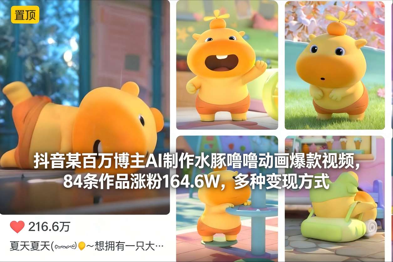 抖音某百万博主AI制作水豚噜噜动画爆款视频，84条作品涨粉164.6W，多种变现方式-千城资源网