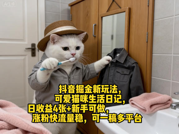 抖音掘金新玩法，可爱猫咪生活日记，日收益4张+新手可做，涨粉快流量稳，可一稿多平台-千城资源网