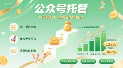 【公众号托管 】我提供文章，你发布，每天5分钟，单篇最高收益1k+【揭秘】-千城资源网