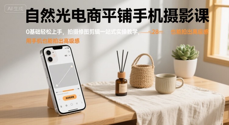 自然光电商平铺手机摄影课，0基础轻松上手，拍摄修图剪辑一站式实操教学，用手机也能拍出高级感-千城资源网