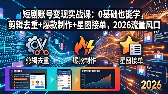 （18160期）短剧账号变现实战课：0基础也能学，剪辑去重+爆款制作+星图接单，2026流量风口-千城资源网