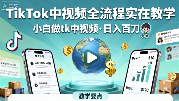 TikTok中视频全流程实操教学，小白做tk中视频，日入百刀-千城资源网