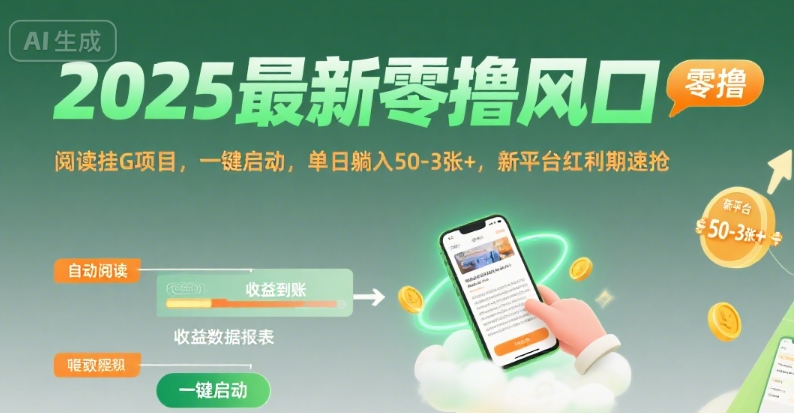 2025最新零撸风口，阅读挂G项目，一键启动，单日躺入 50-3张+，新平台红利期速抢【揭秘】-千城资源网