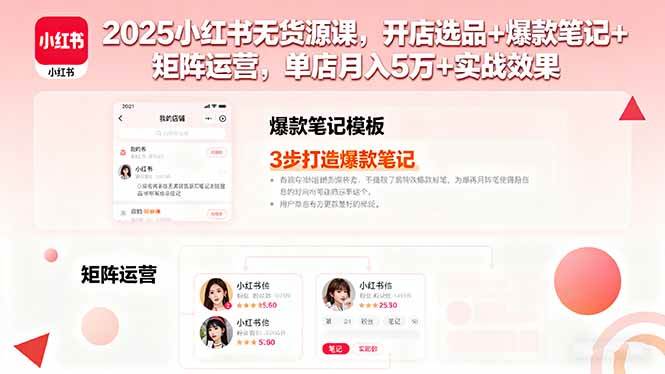 （16024期）2025小红书无货源课，开店选品+爆款笔记+矩阵运营，单店月入5万+实战效果-千城资源网