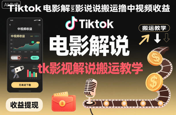Tiktok电影解说搬运撸中视频收益，tk影视解说搬运教学-千城资源网