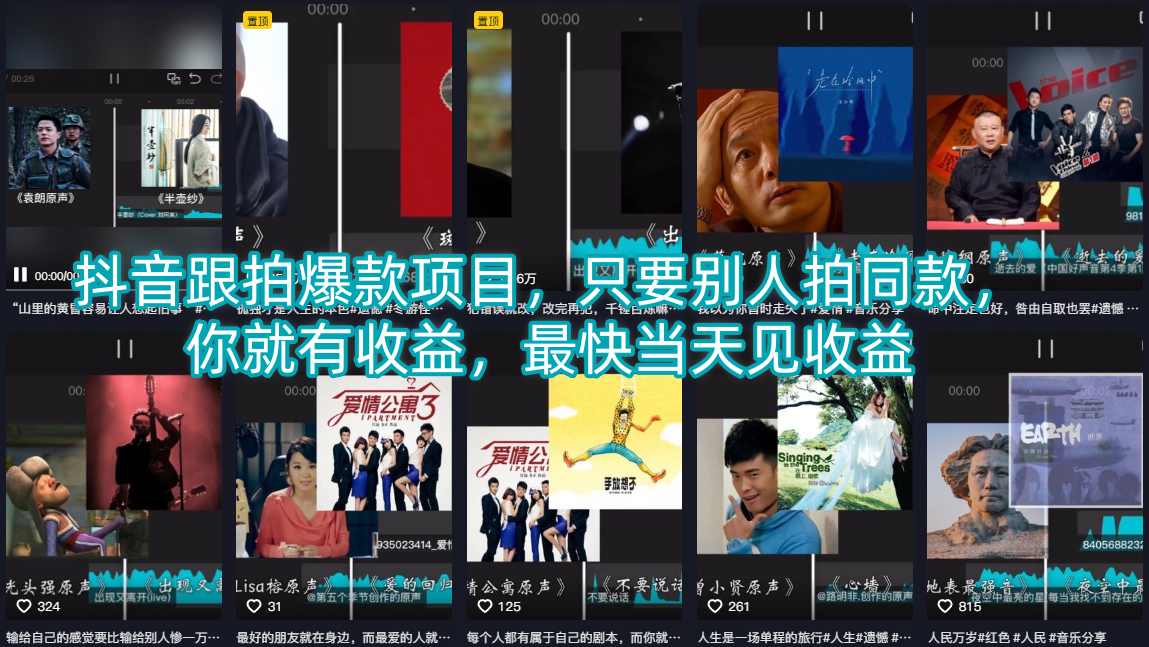 抖音跟拍爆款项目，只要别人拍同款，你就有收益，最快当天见收益-千城资源网