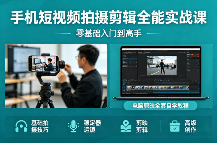 手机短视频拍摄剪辑全能实战课：零基础入门到高手，稳定器运镜+电脑剪映全套自学教程-千城资源网