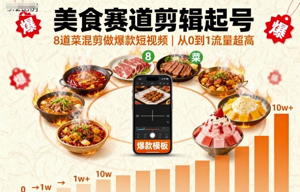 美食赛道剪辑起号，8道菜混剪做爆款短视频，从0到1，流量超高-千城资源网